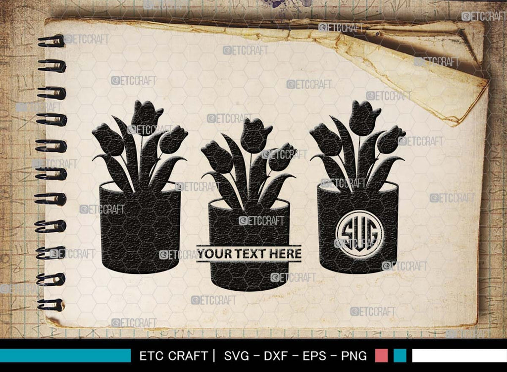 Flower In Pot Monogram, Flower In Pot Silhouette, Flower In Pot SVG ...