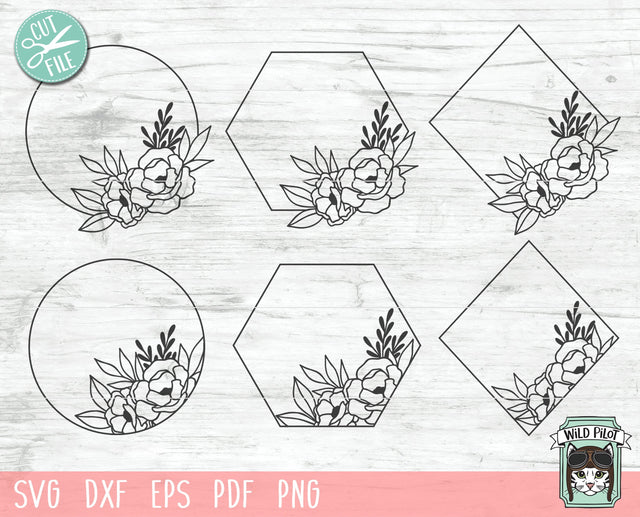 Flower Monogram Frame SVG file, Monogram Frame cut file, Flower Border SVG, Floral Frame Cut File, Round SVG, Hexagon SVG, Diamond SVG, Shape SVG, Wedding SVG, Wreath SVG SVG Wild Pilot 