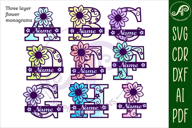 Flower monogram letter Name signs 3 layer design bundle SVG APInspireddesigns 