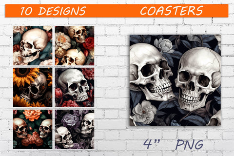 Flower skull sublimation, Square halloween coaster png design Sublimation AnastasiyaArtDesign 