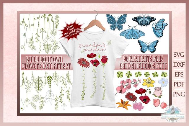 Flower Stem Art, SVG Bundle, Garden Buddies FONT INCLUDED SVG Harbor Grace Designs 