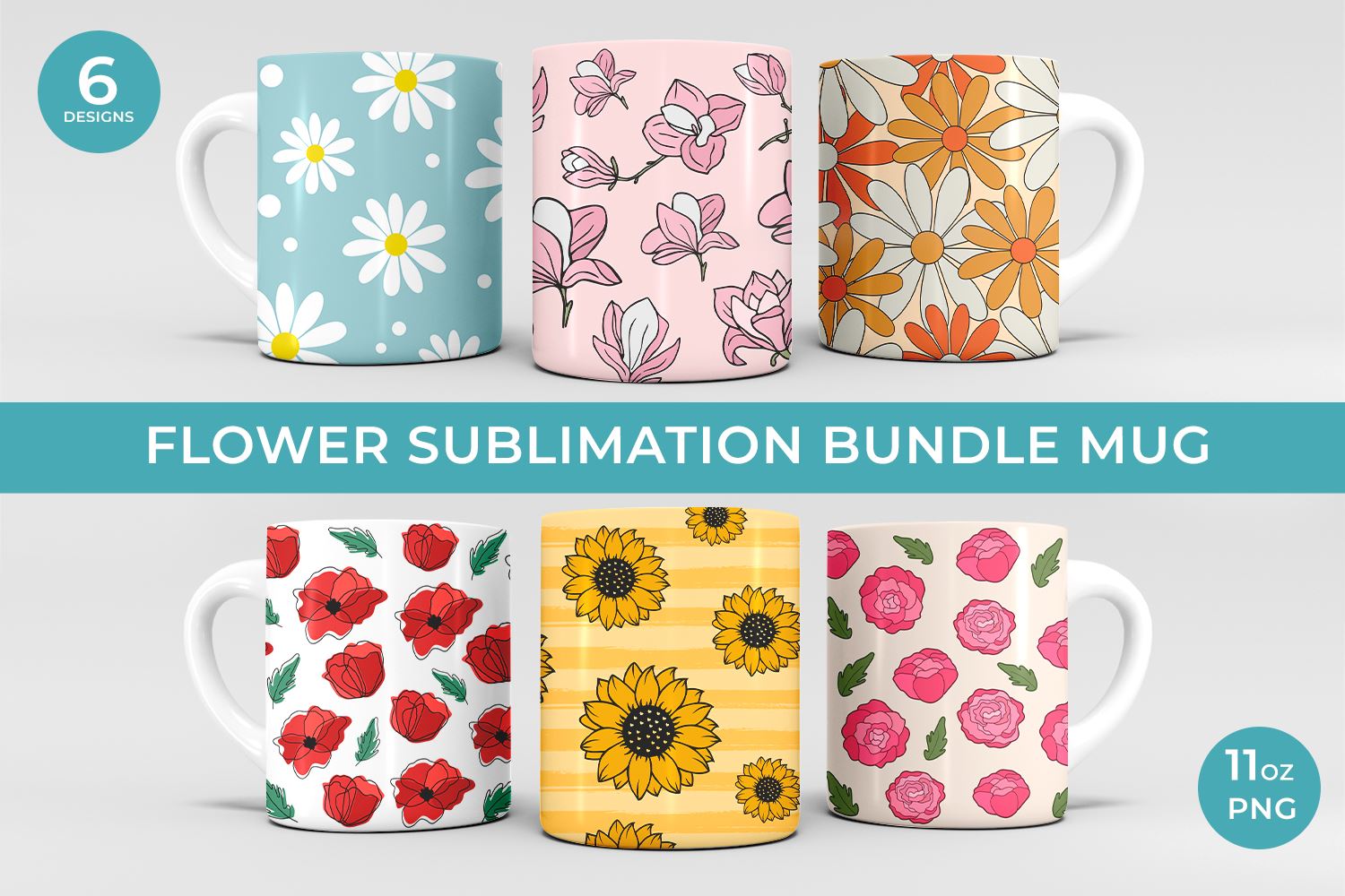 Flower sublimation mug design, Coffee mug bundle - So Fontsy