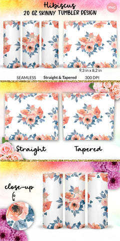 Flower Tumbler, Floral Tumbler, Watercolor Rose Tumbler, Coral and Peach, Sublimation Wrap Design for 20 Oz Skinny Tumbler Straight and Tapered PNG Sublimation KatineDesign 
