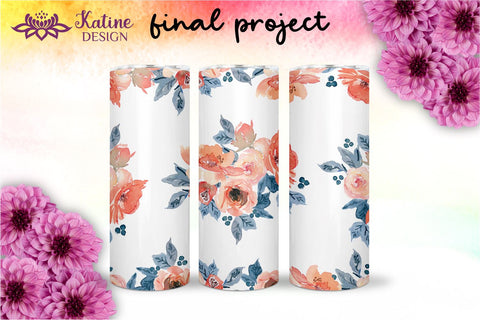Flower Tumbler, Floral Tumbler, Watercolor Rose Tumbler, Coral and Peach, Sublimation Wrap Design for 20 Oz Skinny Tumbler Straight and Tapered PNG Sublimation KatineDesign 