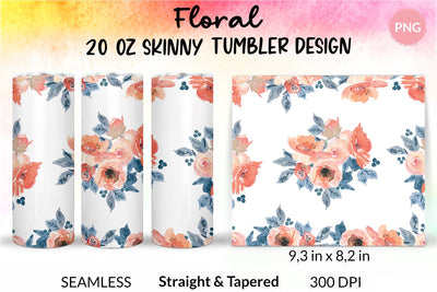 Flower Tumbler, Floral Tumbler, Watercolor Rose Tumbler, Coral and Peach, Sublimation Wrap Design for 20 Oz Skinny Tumbler Straight and Tapered PNG Sublimation KatineDesign 