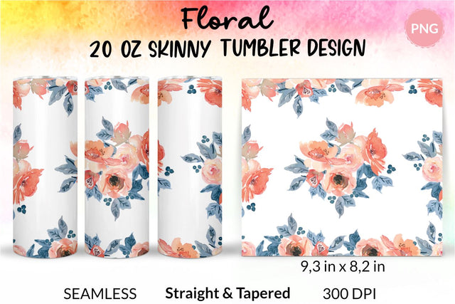 Flower Tumbler, Floral Tumbler, Watercolor Rose Tumbler, Coral and Peach, Sublimation Wrap Design for 20 Oz Skinny Tumbler Straight and Tapered PNG Sublimation KatineDesign 