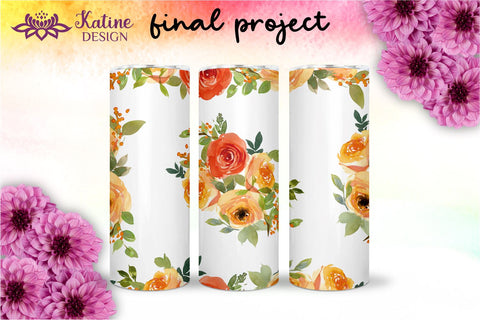 Flower Tumbler, Floral Tumbler, Watercolor Rose Tumbler, Orange and Yellow, Sublimation Wrap Design for 20 Oz Skinny Tumbler Straight and Tapered PNG Sublimation KatineDesign 