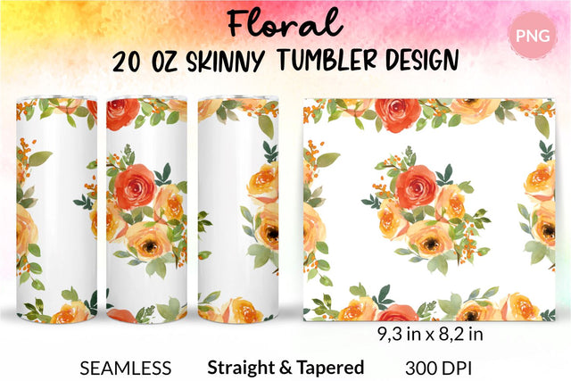 Flower Tumbler, Floral Tumbler, Watercolor Rose Tumbler, Orange and Yellow, Sublimation Wrap Design for 20 Oz Skinny Tumbler Straight and Tapered PNG Sublimation KatineDesign 