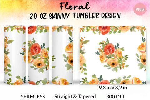 Flower Tumbler, Floral Tumbler, Watercolor Rose Tumbler, Orange and Yellow, Sublimation Wrap Design for 20 Oz Skinny Tumbler Straight and Tapered PNG Sublimation KatineDesign 