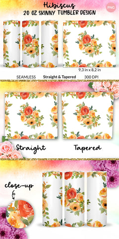 Flower Tumbler, Floral Tumbler, Watercolor Rose Tumbler, Orange and Yellow, Sublimation Wrap Design for 20 Oz Skinny Tumbler Straight and Tapered PNG Sublimation KatineDesign 