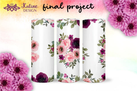 Flower Tumbler, Floral Tumbler, Watercolor Rose Tumbler, Pink Blush and Burgundy Sublimation Wrap Design for 20 Oz Skinny Tumbler Straight and Tapered PNG Sublimation KatineDesign 