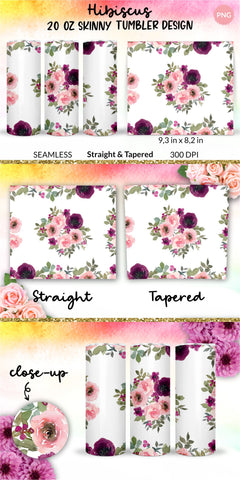 Flower Tumbler, Floral Tumbler, Watercolor Rose Tumbler, Pink Blush and Burgundy Sublimation Wrap Design for 20 Oz Skinny Tumbler Straight and Tapered PNG Sublimation KatineDesign 