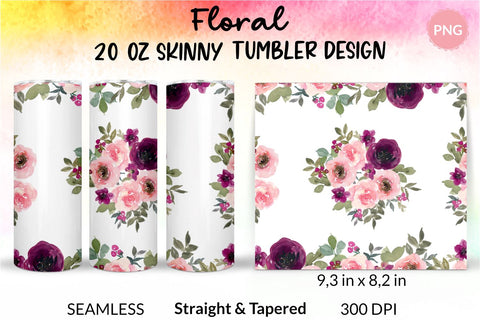 Flower Tumbler, Floral Tumbler, Watercolor Rose Tumbler, Pink Blush and Burgundy Sublimation Wrap Design for 20 Oz Skinny Tumbler Straight and Tapered PNG Sublimation KatineDesign 