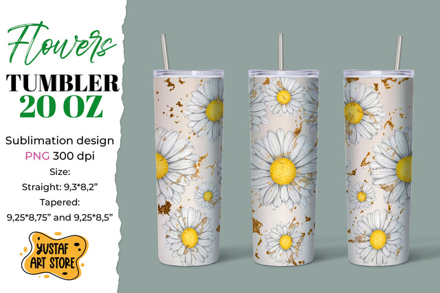 Flower tumbler sublimation design. Chamomile with Gold Sublimation Yustaf Art Store 