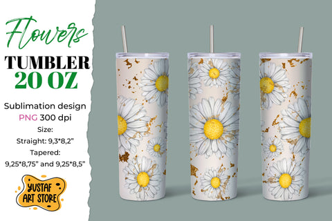 Flower tumbler sublimation design. Chamomile with Gold Sublimation Yustaf Art Store 