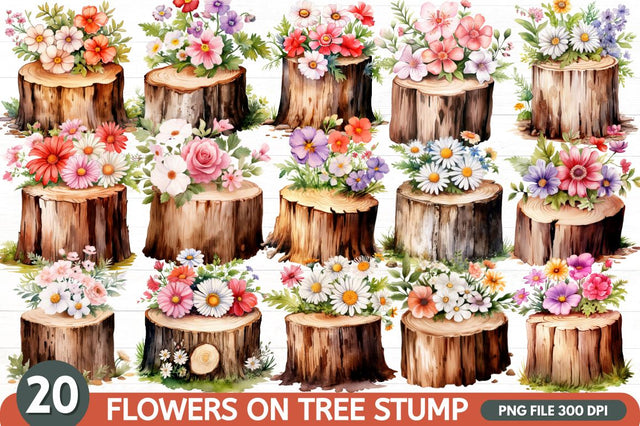 Flower Wooden Stump Watercolor Clipart Sublimation Regulrcrative 