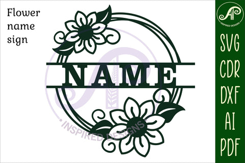 Flower wreath Name sign svg laser cut template SVG APInspireddesigns 