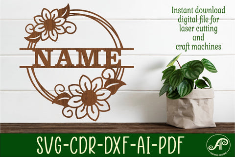 Flower wreath Name sign svg laser cut template SVG APInspireddesigns 