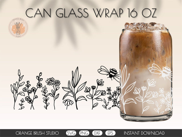 Flowers And Bee SVG Can Glass Wrap Beer Coffee Wrap 16 Oz SVG OrangeBrushStudio 