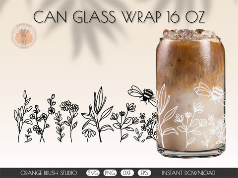 Flowers And Bee SVG Can Glass Wrap Beer Coffee Wrap 16 Oz SVG OrangeBrushStudio 