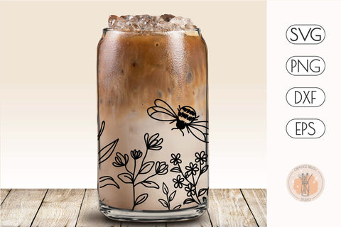 Flowers And Bee SVG Can Glass Wrap Beer Coffee Wrap 16 Oz SVG OrangeBrushStudio 