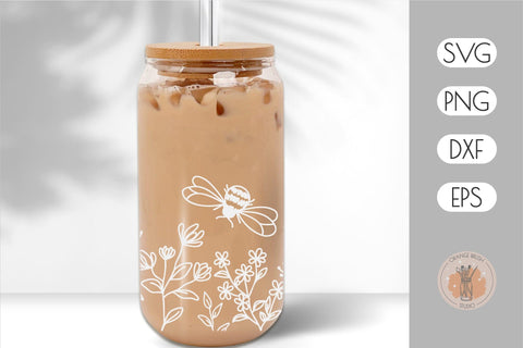 Flowers And Bee SVG Can Glass Wrap Beer Coffee Wrap 16 Oz SVG OrangeBrushStudio 
