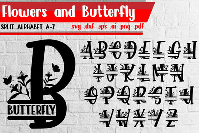 Flowers and Butterfly Split Alphabet Bundle - Svg dxf eps ai png pdf SVG zafrans studio 