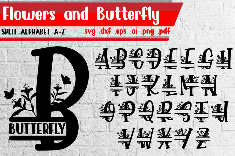 Flowers and Butterfly Split Alphabet Bundle - Svg dxf eps ai png pdf SVG zafrans studio 