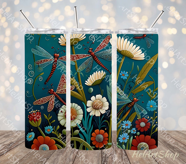 Flowers And Dragonfly Tumbler PNG |20oz Skinny Tumbler Wrap Sublimation _HelArtShop_ 