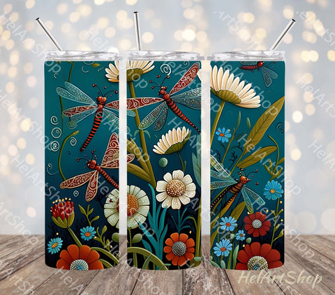 Flowers And Dragonfly Tumbler PNG |20oz Skinny Tumbler Wrap Sublimation _HelArtShop_ 
