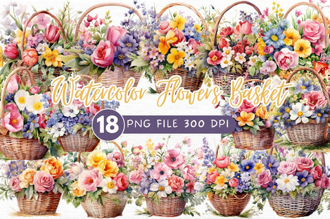 Flowers Basket Watercolor Bundle Sublimation Regulrcrative 