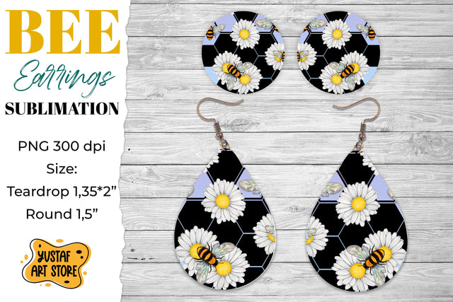 flowers Bee Earrings Sublimation.Teardrop and Round earrings Sublimation Yustaf Art Store 