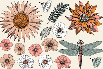 Flowers & Dragonflies - PSD - PNG - Design Elements SVG Karma Genie Graphics 