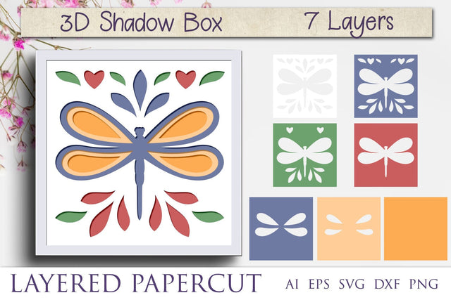 Flowers dragonfly shadow box svg, Layered papercut light box 3D Paper AnastasiyaArtDesign 