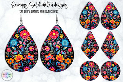 Flowers Earrings Sublimation | Folklore Floral Ornament Earrings Design SVG Designs by Ira 