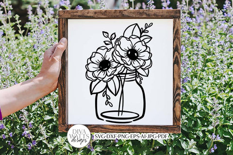 Flowers in Mason Jar Arrangement SVG | Boho Farmhouse Design SVG Diva Watts Designs 