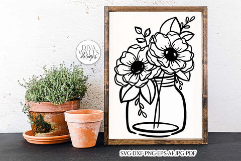 Flowers in Mason Jar Arrangement SVG | Boho Farmhouse Design SVG Diva Watts Designs 
