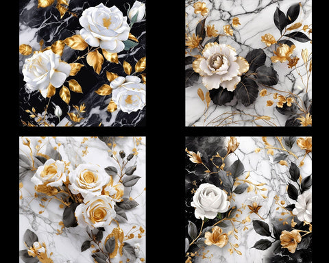 Flowers on Marble Backgrounds, Golden, Black, White, JPG Sublimation nikola 