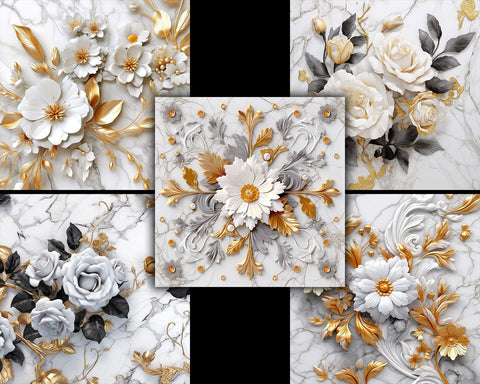 Flowers on Marble Backgrounds, Golden, Black, White, JPG Sublimation nikola 