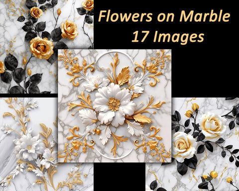 Flowers on Marble Backgrounds, Golden, Black, White, JPG Sublimation nikola 