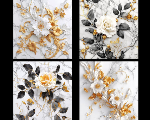 Flowers on Marble Backgrounds, Golden, Black, White, JPG Sublimation nikola 