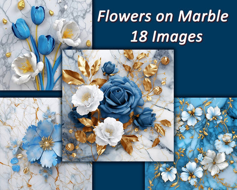 Flowers on Marble Backgrounds, Golden, Blue, White, JPG Sublimation nikola 