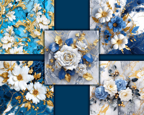 Flowers on Marble Backgrounds, Golden, Blue, White, JPG Sublimation nikola 