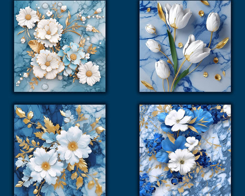 Flowers on Marble Backgrounds, Golden, Blue, White, JPG Sublimation nikola 