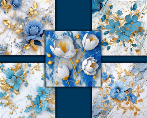 Flowers on Marble Backgrounds, Golden, Blue, White, JPG Sublimation nikola 