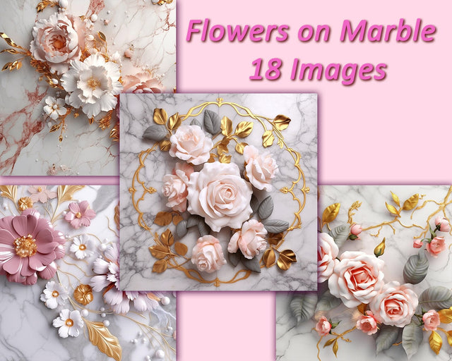 Flowers on Marble Backgrounds, Golden, Pink, White, JPG Sublimation nikola 