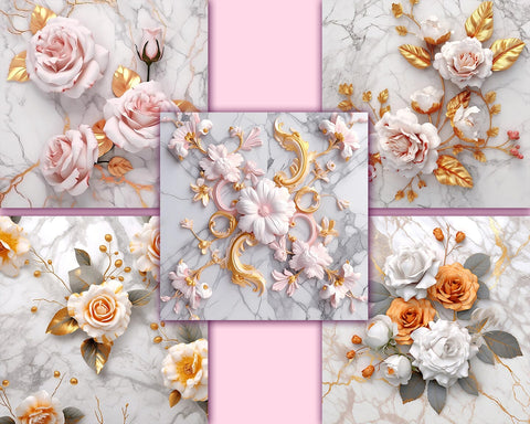 Flowers on Marble Backgrounds, Golden, Pink, White, JPG Sublimation nikola 