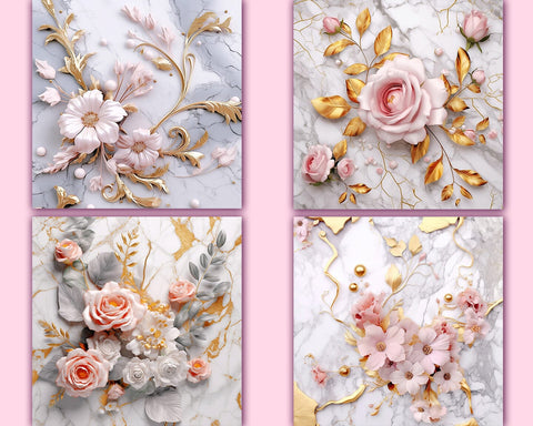 Flowers on Marble Backgrounds, Golden, Pink, White, JPG Sublimation nikola 