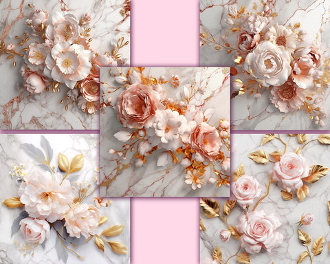 Flowers on Marble Backgrounds, Golden, Pink, White, JPG Sublimation nikola 