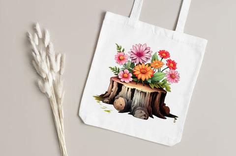 Flowers on Tree Stump Watercolor Clipart Sublimation Regulrcrative 